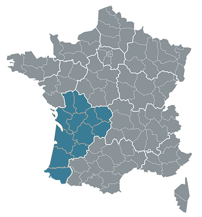 Région Nouvelle Aquitaine avec tous les départements en bleu