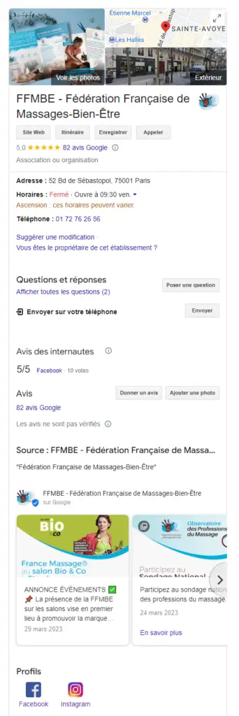 Fiche Google My Business de la FFMBE