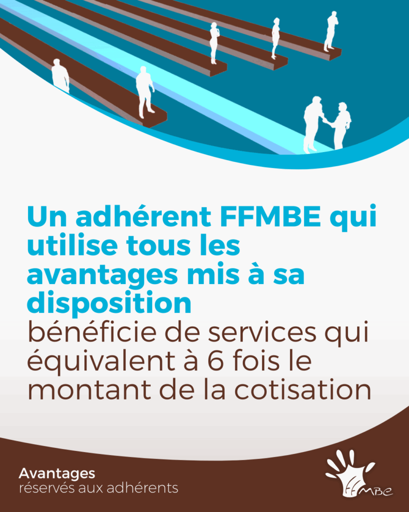 Un adhérent FFMBE qui utilise tous les avantages mis à sa disposition bénéficie de services qui équivalent à 6 fois le montant de la cotisation. FFMBE